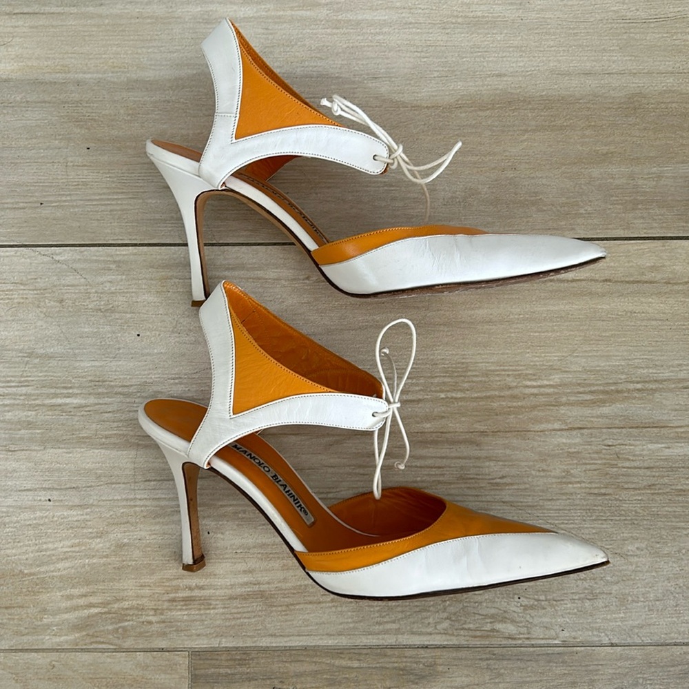 Manila Blahnik white and orange heels with tie on top size 36
